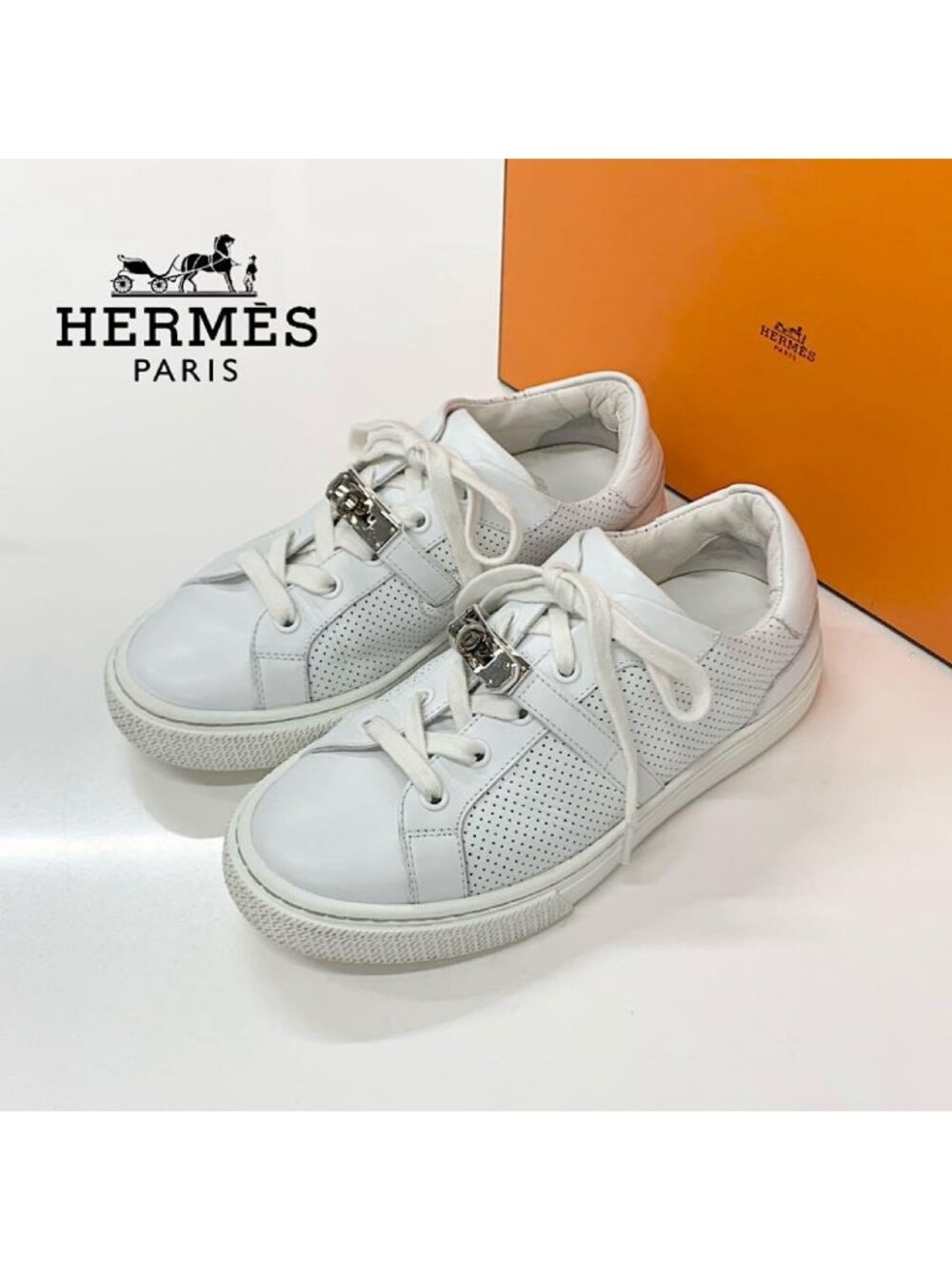 Hermes Day Leather Perforated Kelly Sneakers White